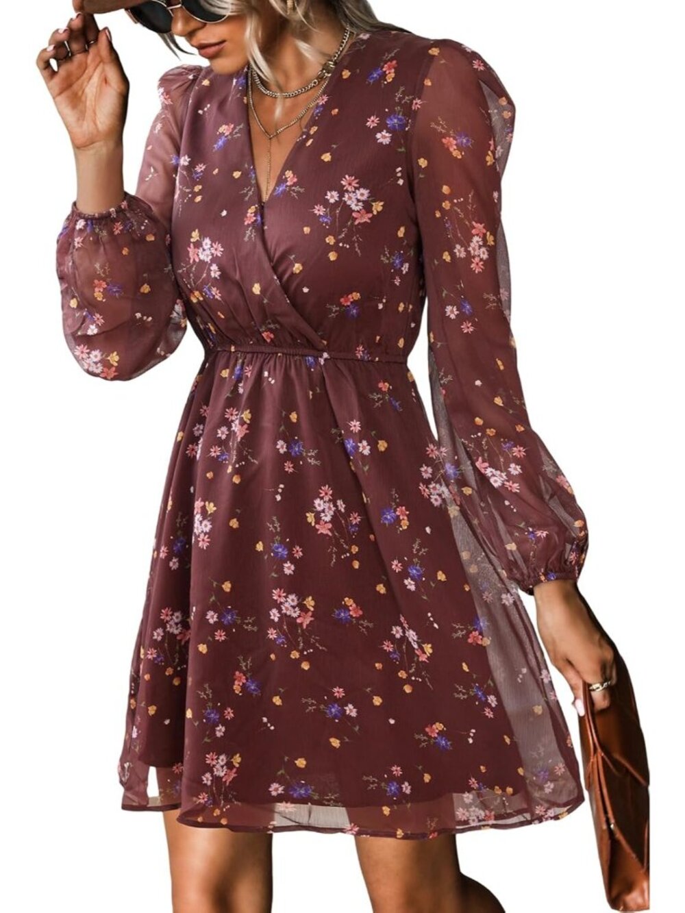 Women's Burgundy Fall Floral Long Sleeve V Neck Boho Mini Wedding Guest Dresses